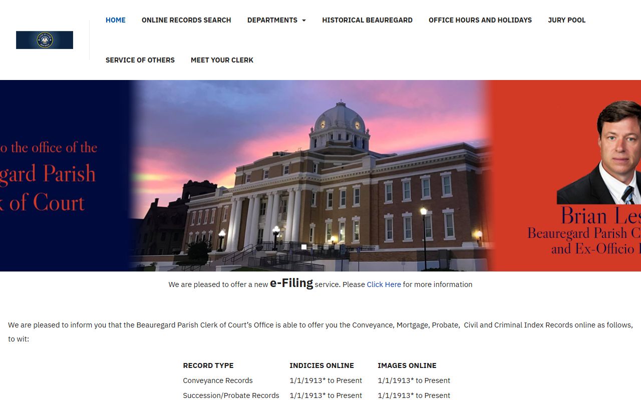 Beauregard Parish Clerk of Court official homepage for searching Beauregard Parish court records