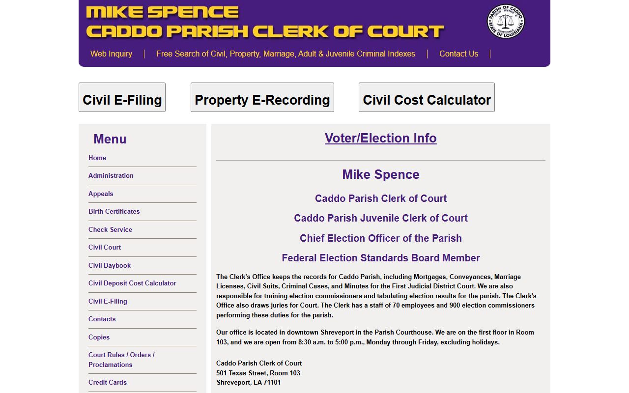 Caddo Parish Clerk of Court website showing Caddo Parish court records access