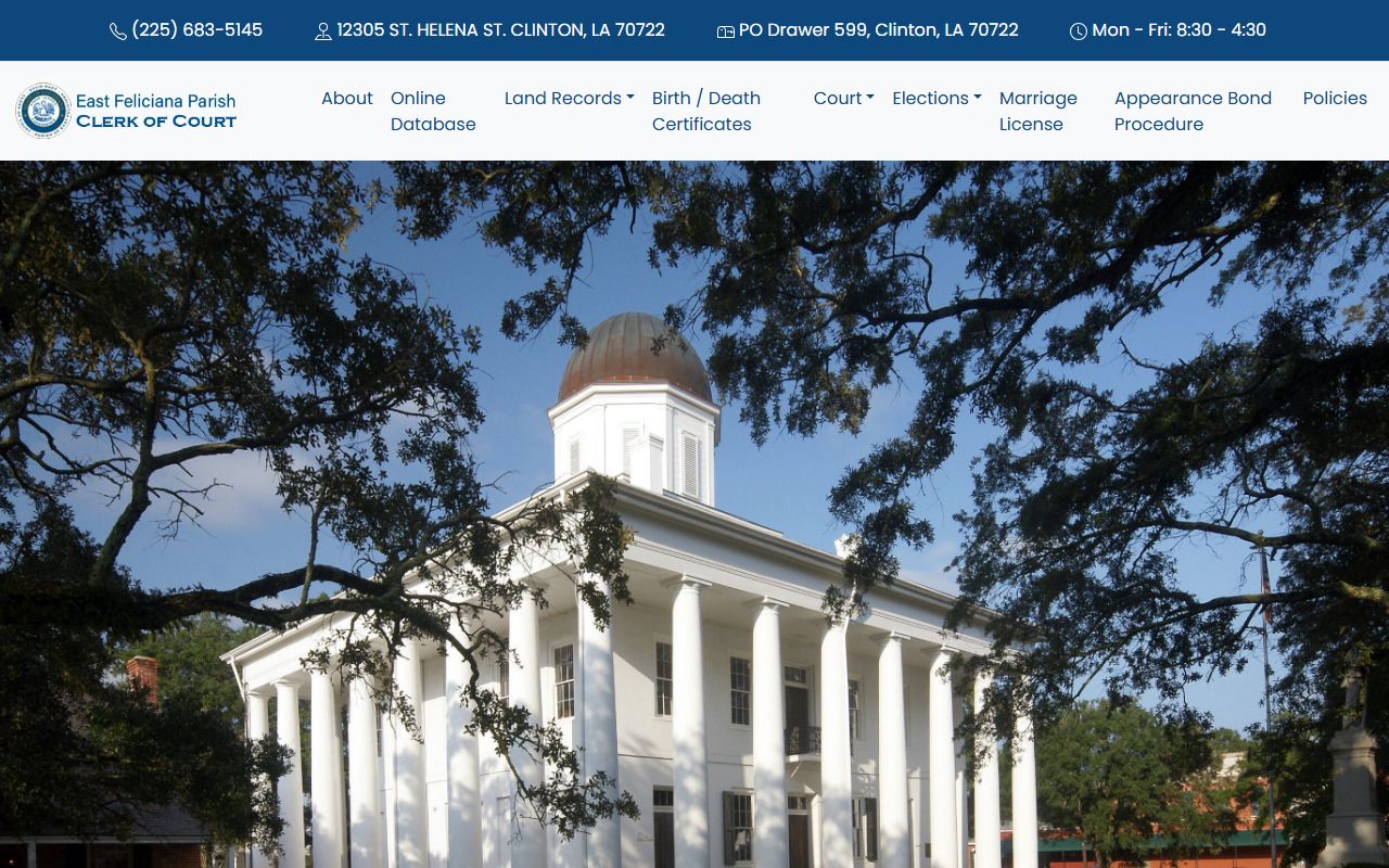 East Feliciana Parish Clerk of Court official website homepage showing court records access