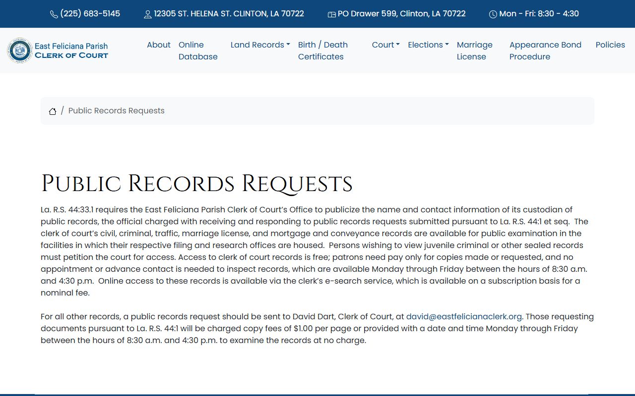 East Feliciana Parish Clerk of Court public records request page for court records access