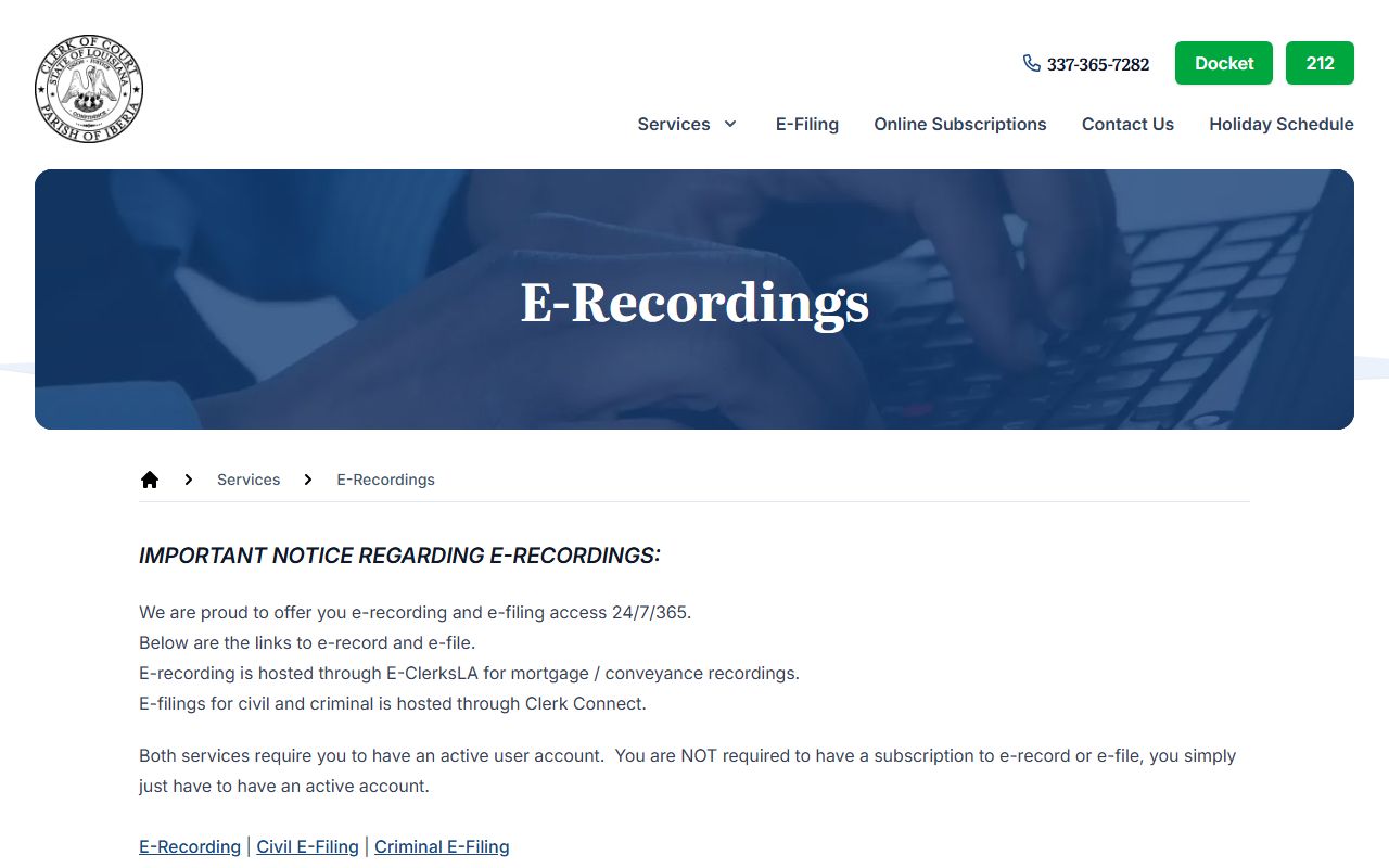 Iberia Parish court records e-recording services page for electronic document submission