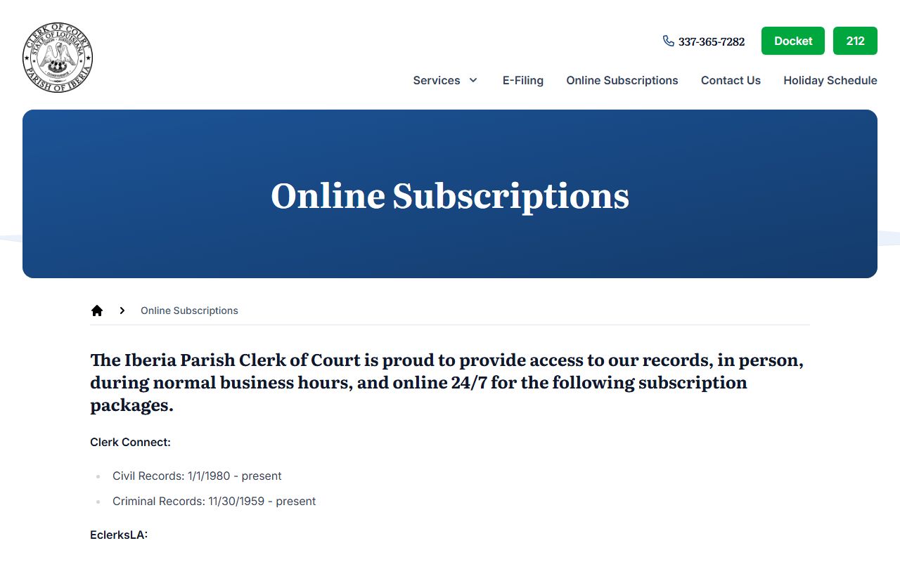 Iberia Parish court records online subscriptions page showing dual portal access