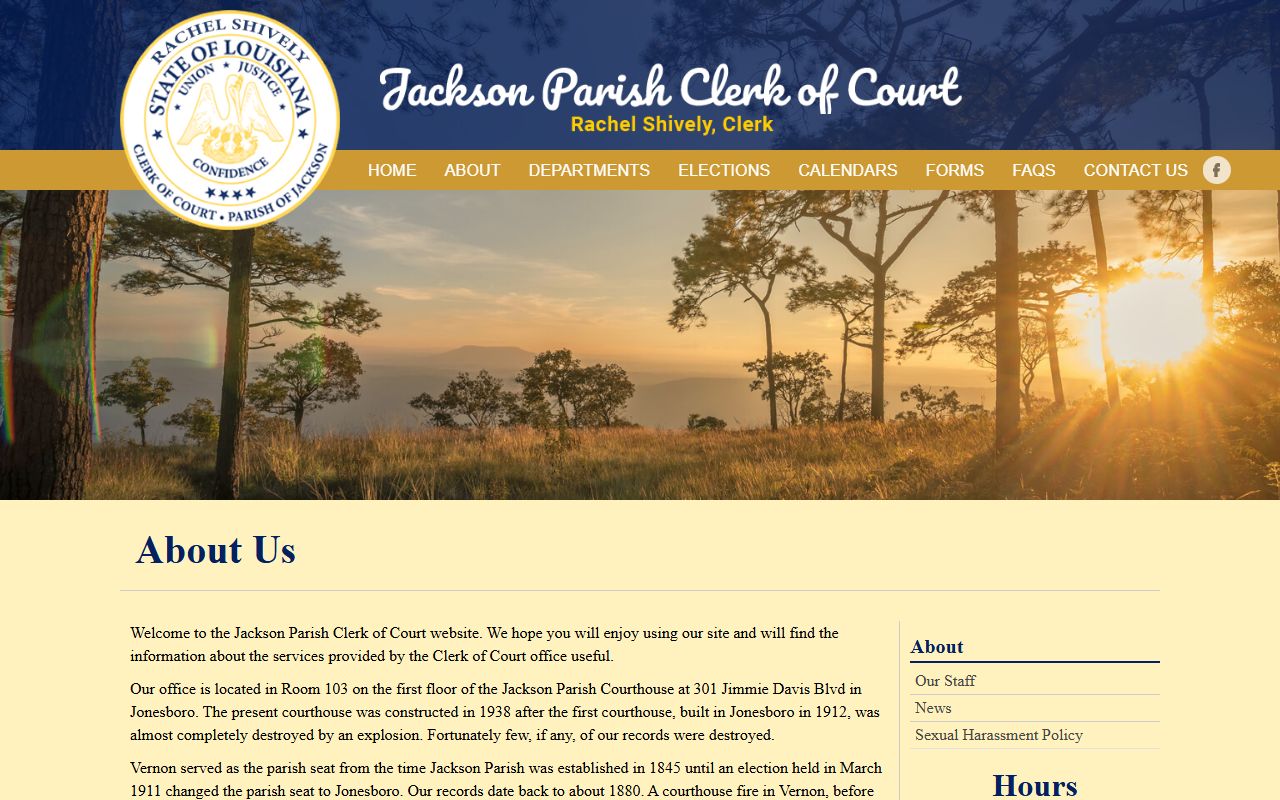 Jackson Parish Clerk of Court about us page showing court records duties and history