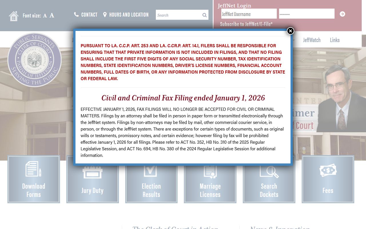 Jefferson Parish Clerk of Court official homepage for court records in Gretna Louisiana