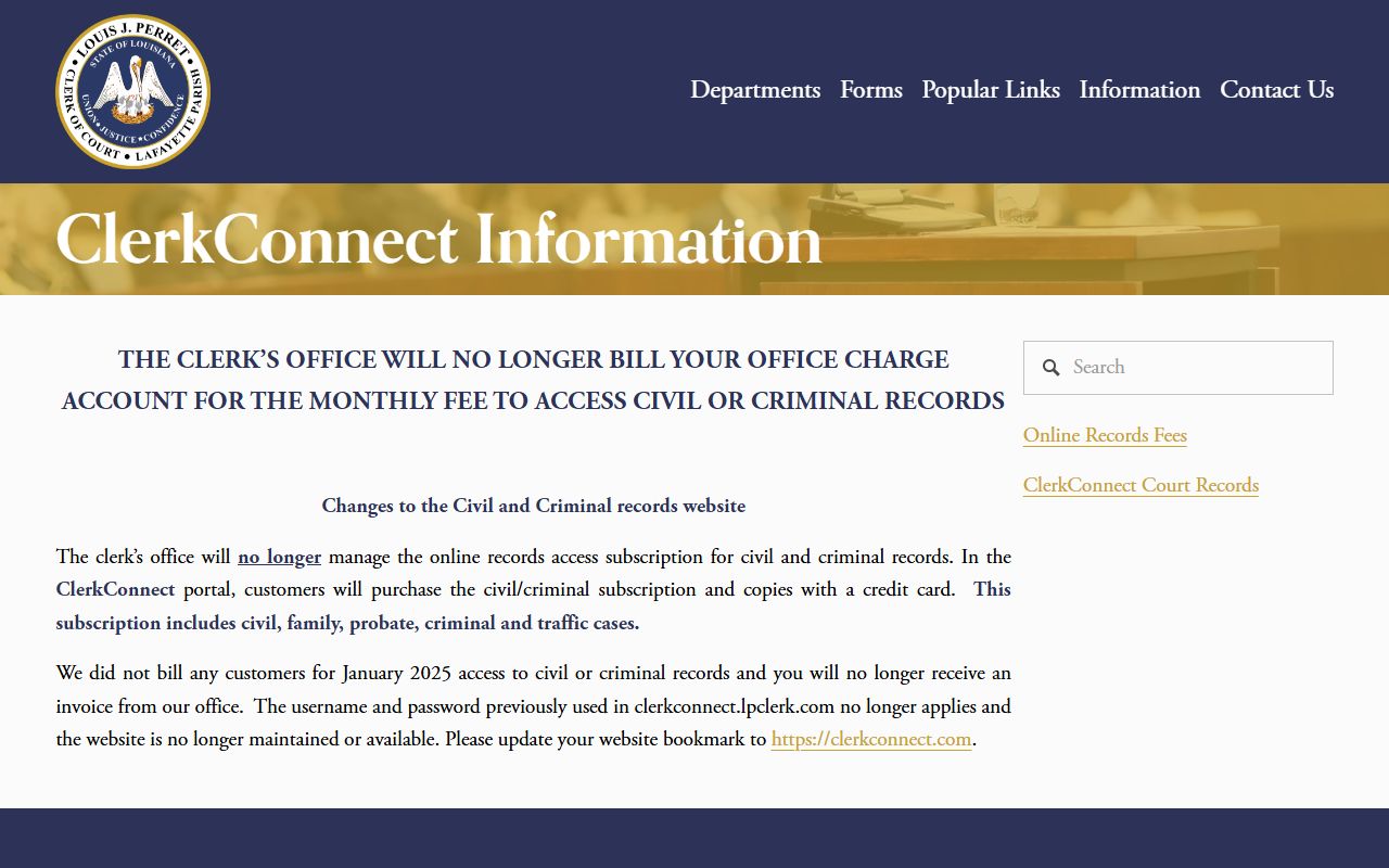 Lafayette Parish court records ClerkConnect information page showing subscription details