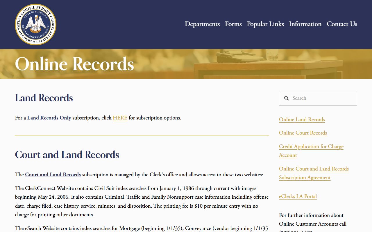 Lafayette Parish court records online access page at lpclerk.com