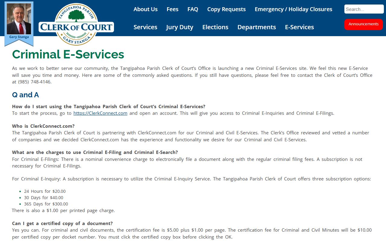 Tangipahoa Parish Clerk of Court criminal e-services page showing online search options