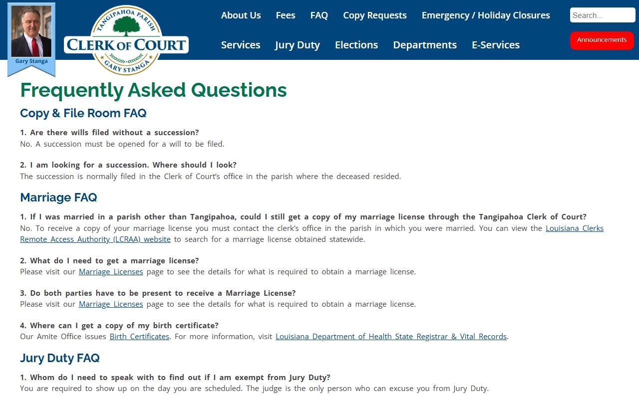 Tangipahoa Parish Clerk of Court FAQ page answering common court records questions