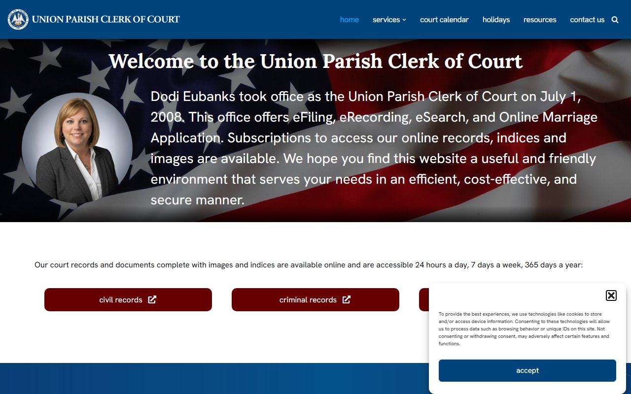 Union Parish Clerk of Court official portal showing eClerks online court records access