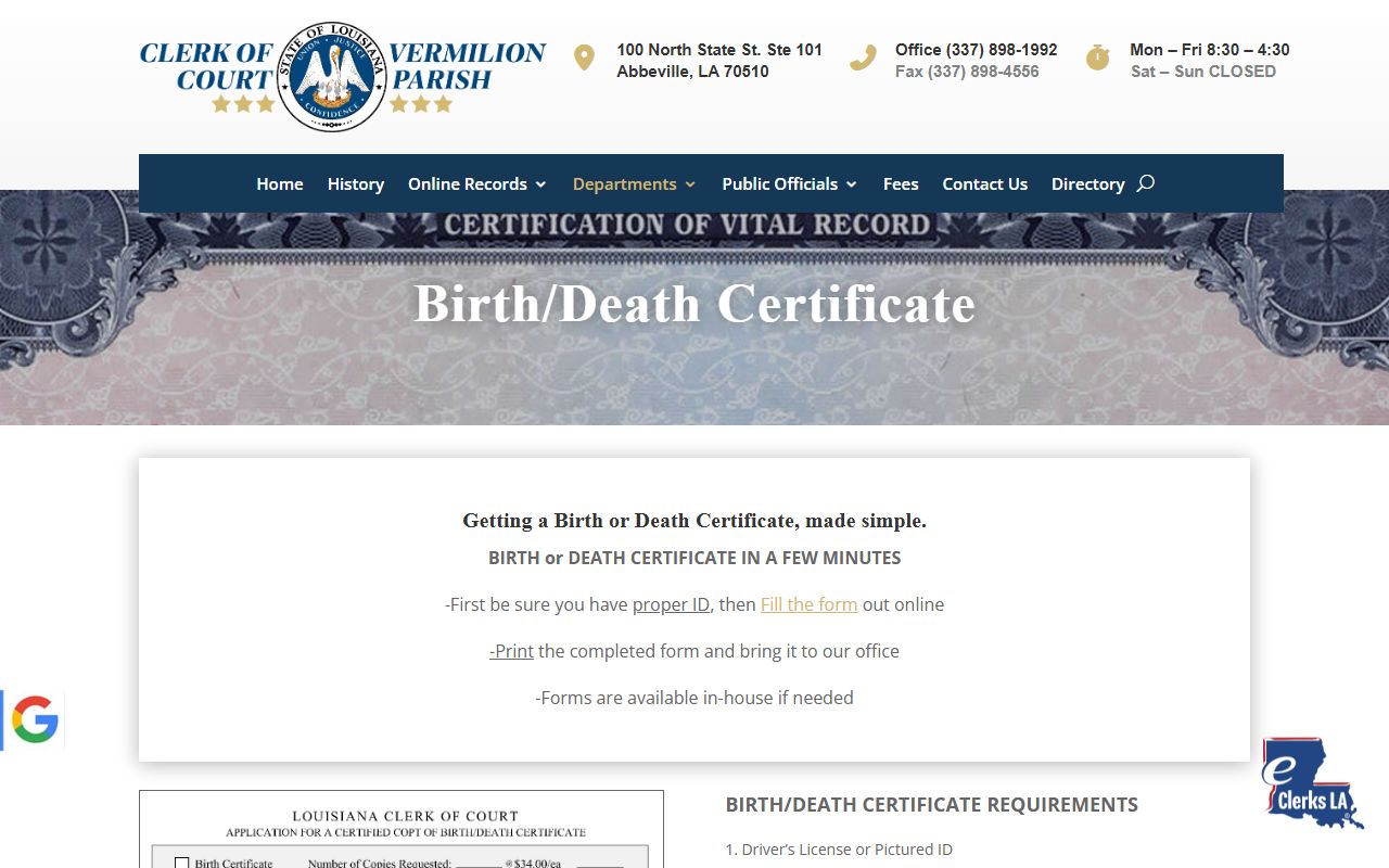 Vermilion Parish birth and death certificate request page