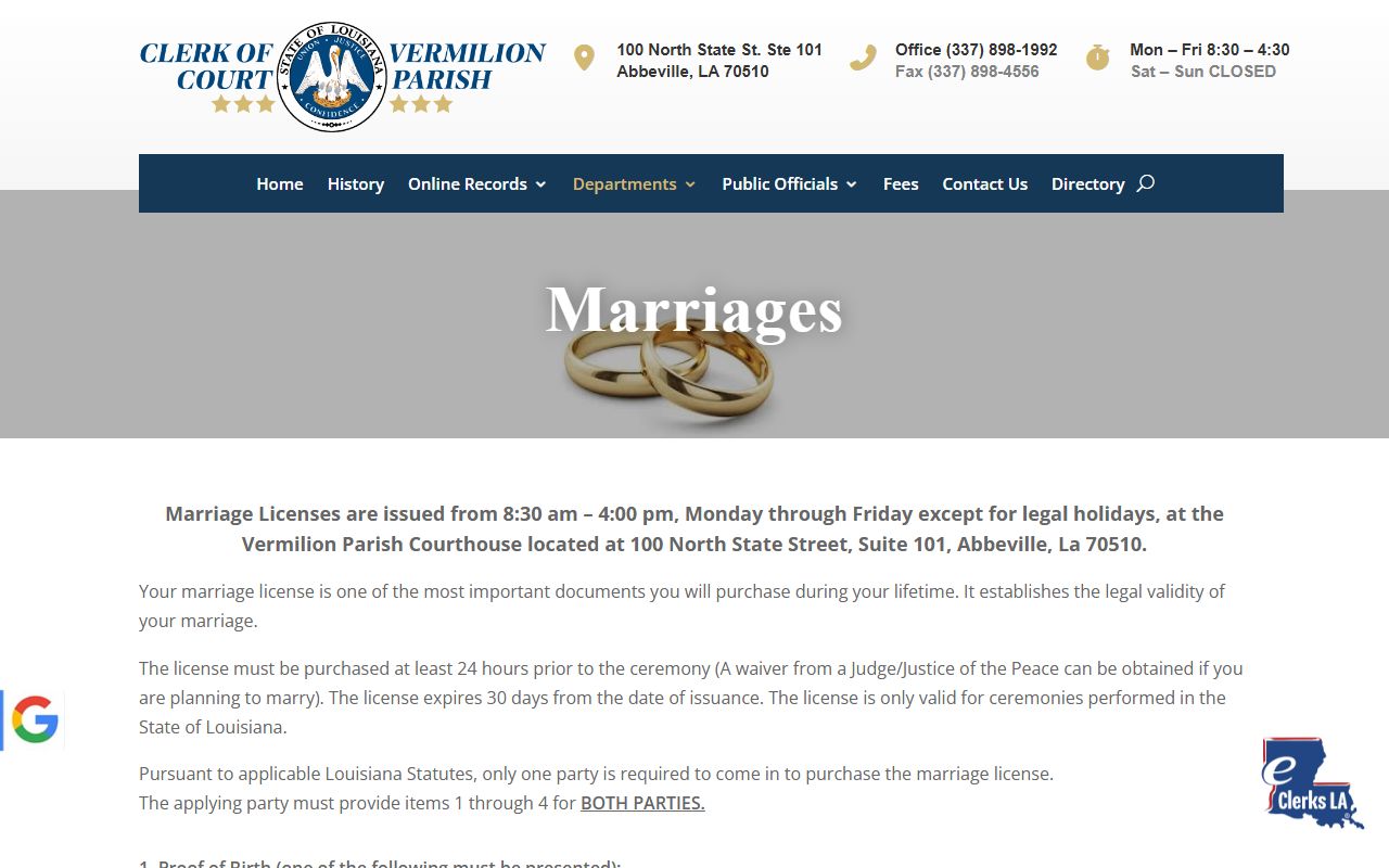 Vermilion Parish Clerk of Court marriage records information page