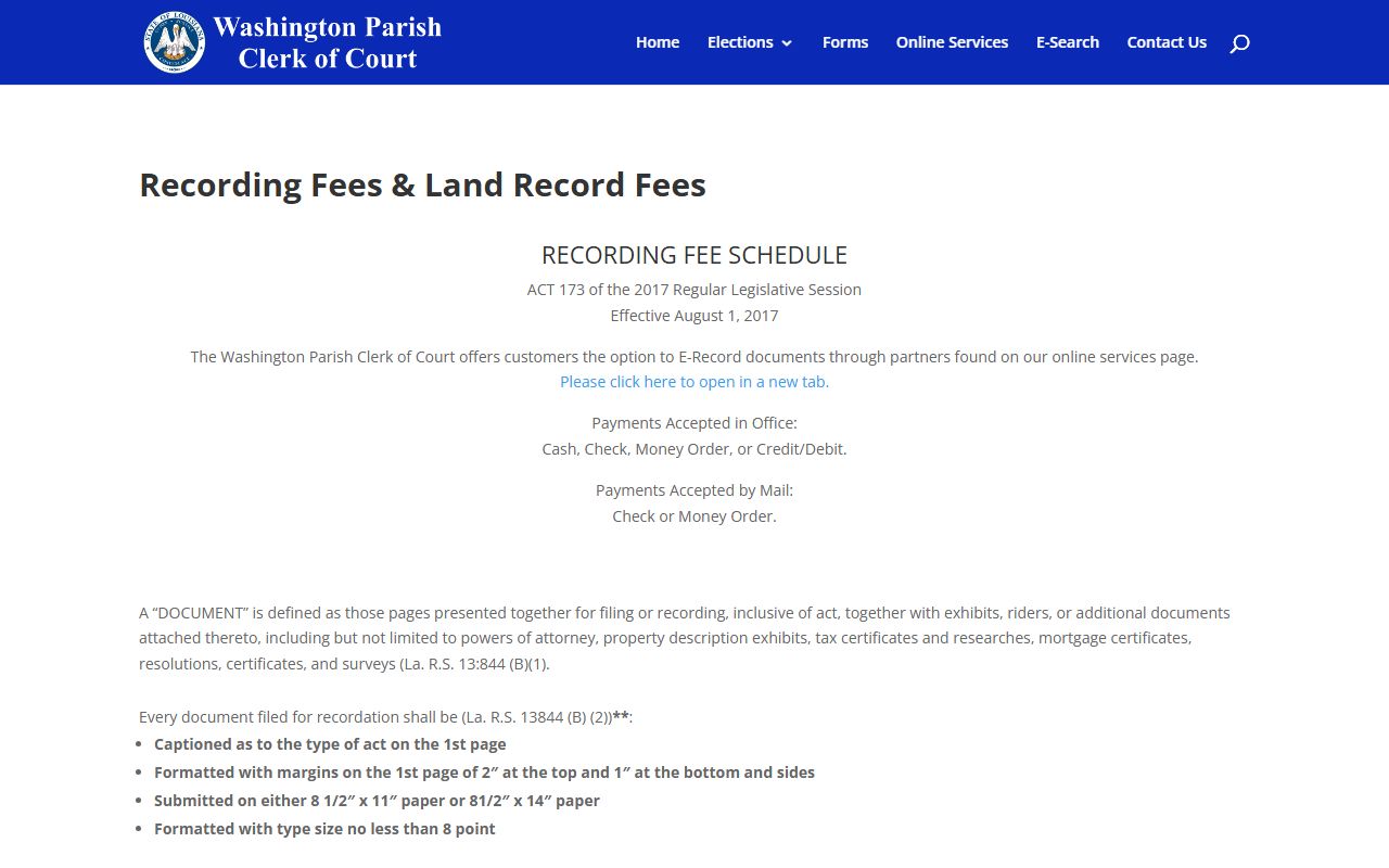 Washington Parish Clerk of Court fee schedule page