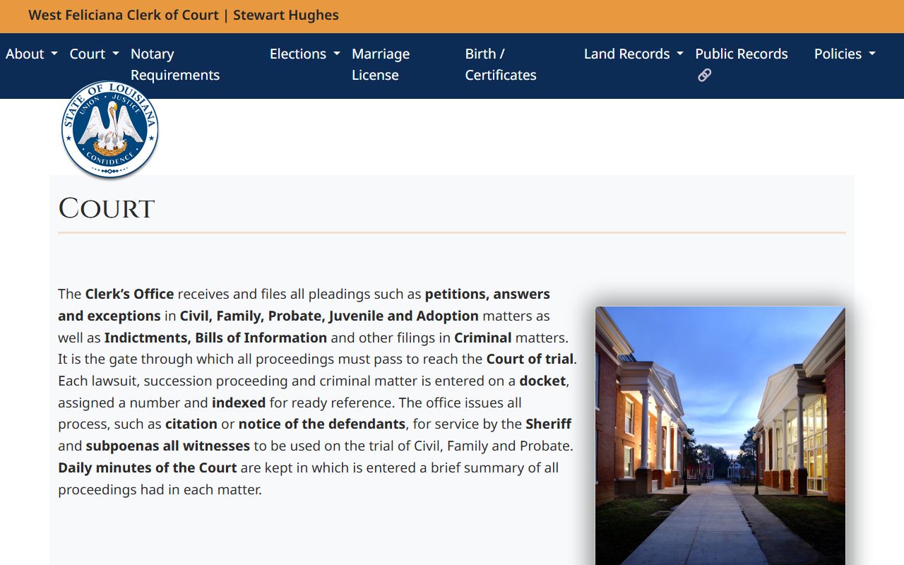 West Feliciana Parish Clerk of Court court information page