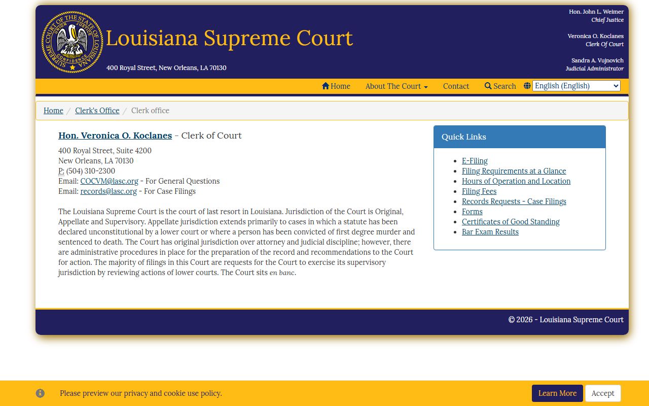 Louisiana Supreme Court Clerk's Office page with public record access information and contact details