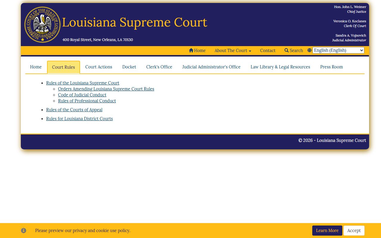 Louisiana Supreme Court court rules page showing filing requirements for all district courts