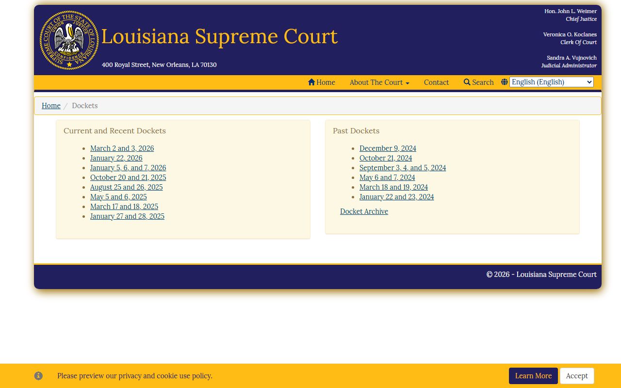 Louisiana Supreme Court docket information page for case research and court record access