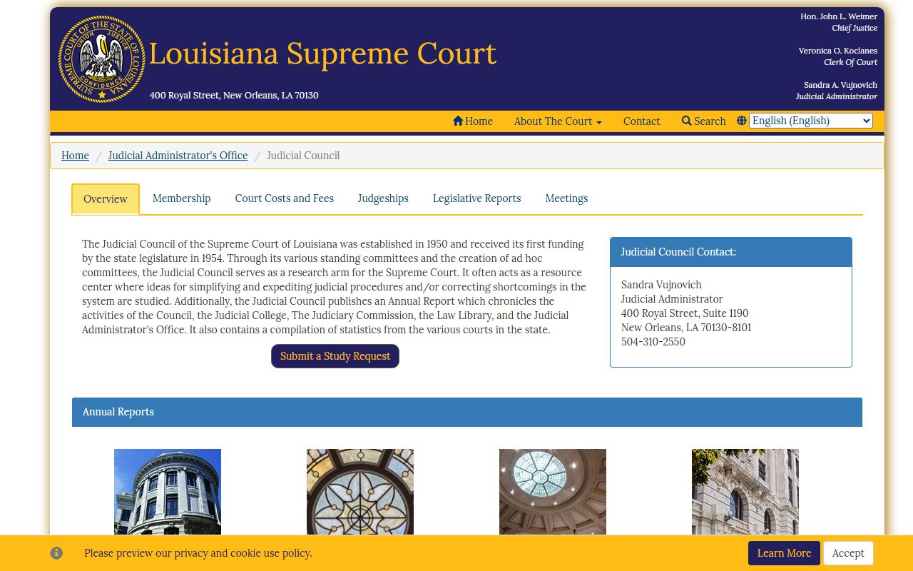 Louisiana Supreme Court Judicial Council page showing court administration and reporting functions