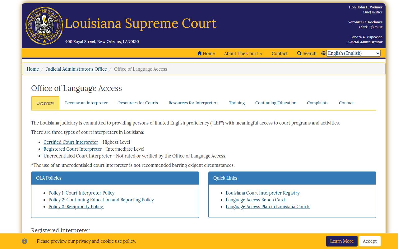 Louisiana Supreme Court Office of Language Access and court interpreter registry page