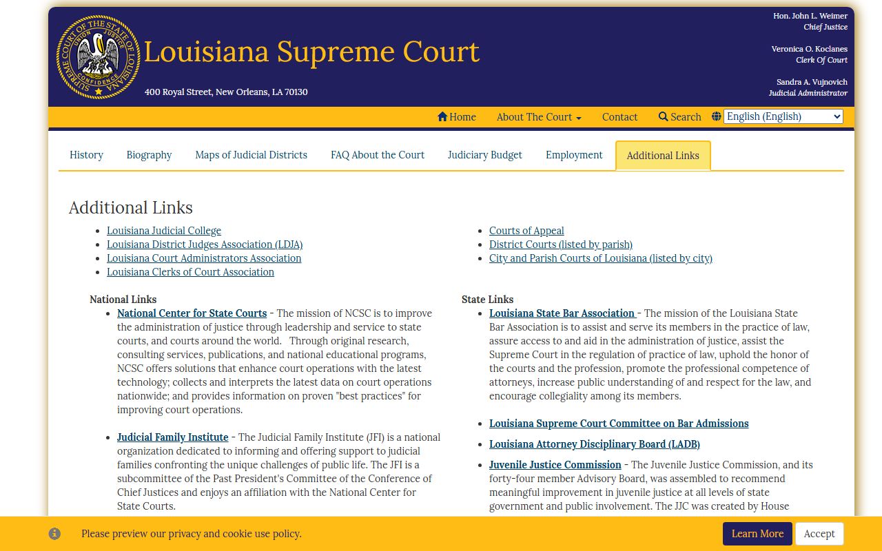 Louisiana Supreme Court additional links to all circuit courts and court contact information