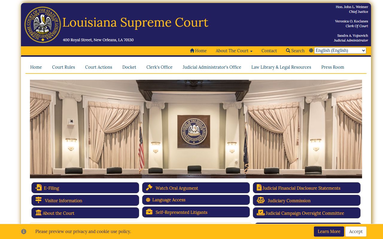Louisiana Supreme Court homepage showing access to court records and docket information