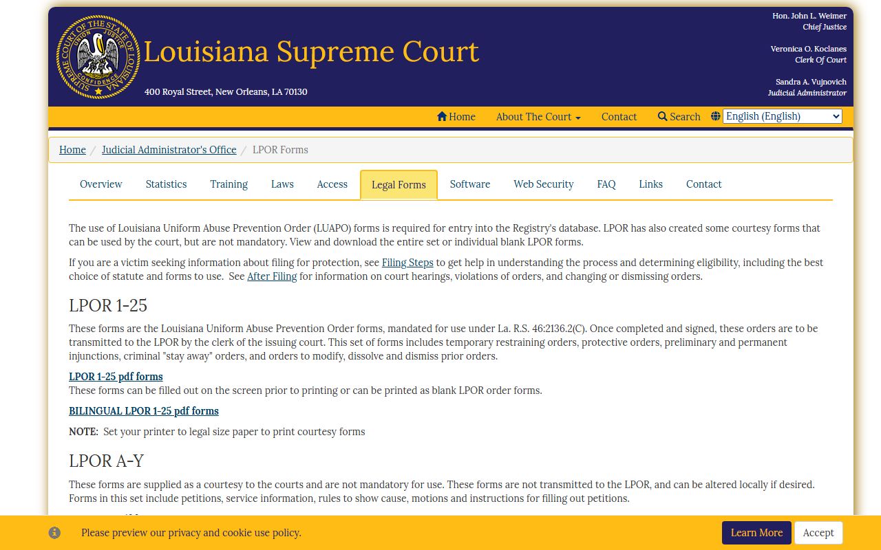 Louisiana Protective Order Registry LPOR forms page with downloadable court forms